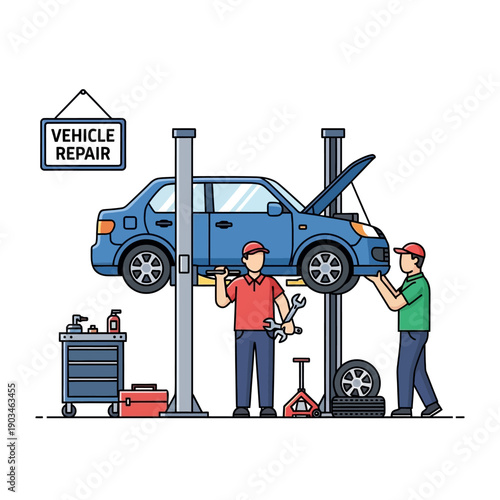Car Repair Service: Mechanics Fixing Vehicle on Lift, Auto Shop Tools & Sign