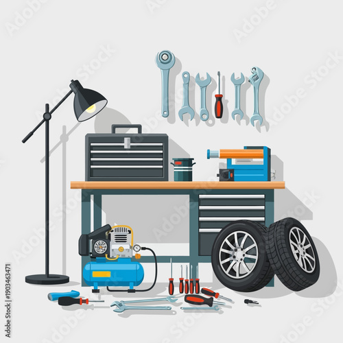Car Repair Workshop Tools and Equipment Illustration