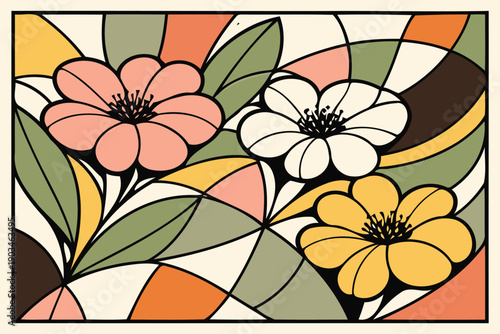 retro stained glass floral pattern with geometric shapes & blooms