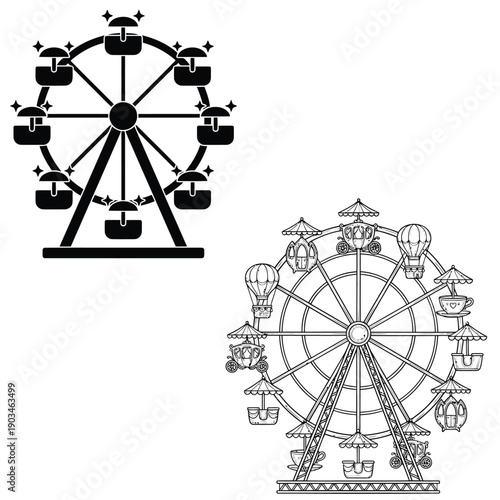 Black and white illustrations of ferris wheels and hot air balloons