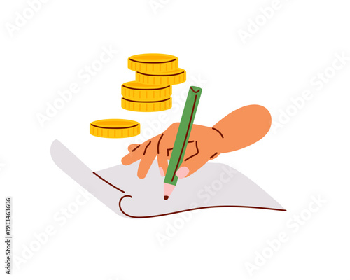 Money spending planning, tax payments. Hand writing with pencil on sheet of paper. Flat style vector illustration. Concept of personal finance management, tax preparation, fiscal responsibility.