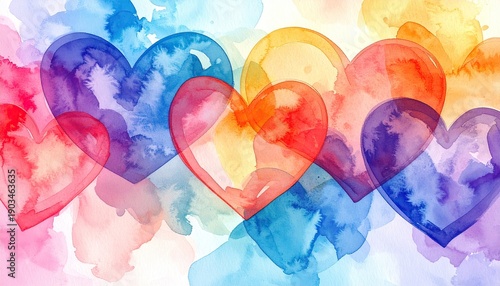 Colorful Valentines Day Heart Love Background. Watercolor Style