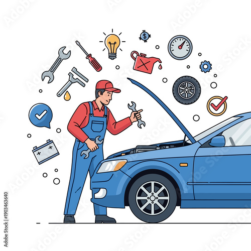 Car Mechanic Repairing Auto Engine with Tools and Icons - Flat Design