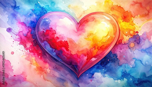 Colorful Valentines Day Heart Love Background. Watercolor Style