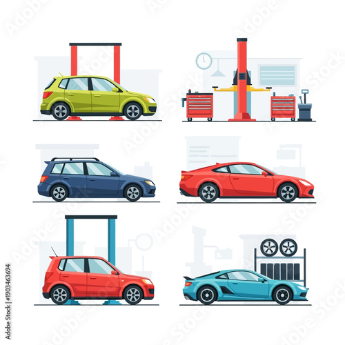 Car Repair Garage Set: Vehicles on Lifts, Tools, Sports Cars, Wagon, Hatchback