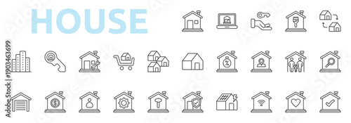 House icon outline style with house, online property, key, renovation, property exchange, building, mortgage icons