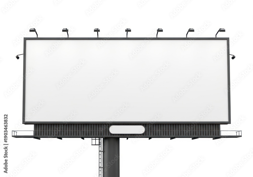 Obraz premium Large Outdoor Billboard Advertisement With Blank White Copy Space and Metal Frame Structure Illuminated by Overhead Lights on a White Background