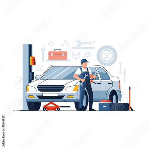 Car Mechanic Working on Vehicle Lift with Tools and Equipment