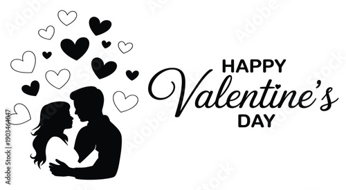 Valentine’s Day illustration, romantic silhouette of a couple in love surrounded by floating heart symbols, elegant and emotional design, high quality professional vector artwork, ideal for holiday pr