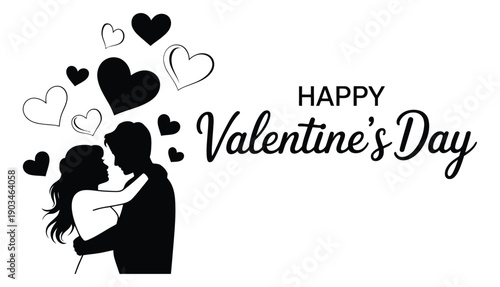 Valentine’s Day illustration, silhouetted couple sharing a loving moment with floating hearts, romantic celebration concept, high quality professional vector design, isolated on white background, perf