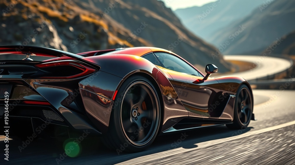 Naklejka premium A fast red luxury sports car drives with high speed on the road, showcasing a sleek new automobile design and stylish wheels