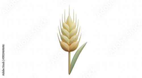 Close-Up of Wheat Ear with Green Leaf on White Background