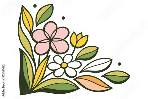 charming corner floral border with pink flowers and green leaves