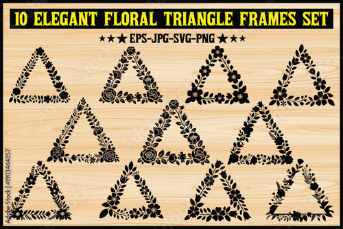 Set of ten elegant floral triangle frames designed for digital and print use. Vector