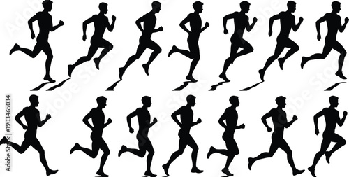 Running man silhouette vector set showing motion sequence, athlete jogging, fitness training, sports pose, black icon for design, animation, print.