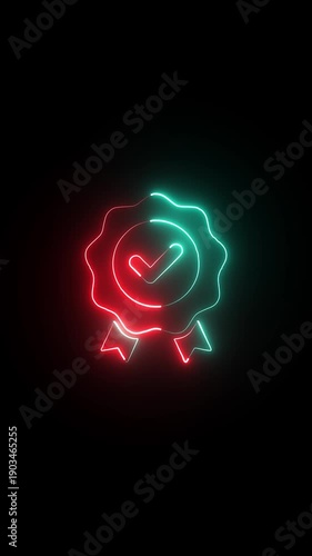 Neon Certified Badge with Check Mark Glowing Award Symbol on Dark Background, Abstract Achievement Icon, Success and Quality Concept