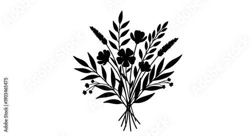 Black Silhouette of a Bouquet Flowers.