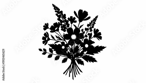 Black Silhouette of Wildflowers Bouquet Illustration.