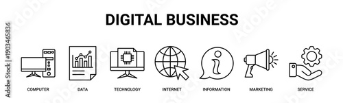 Digital Business web banner icon vector illustration concept with icons of computer, data, technology, internet, information, marketing, and service.