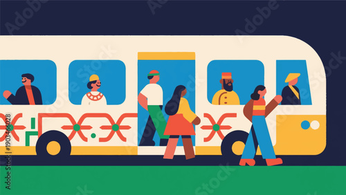 Illustration Of Modern Public Transportation With Traditional Ornaments, Mixed Style Passengers Vector Design Template