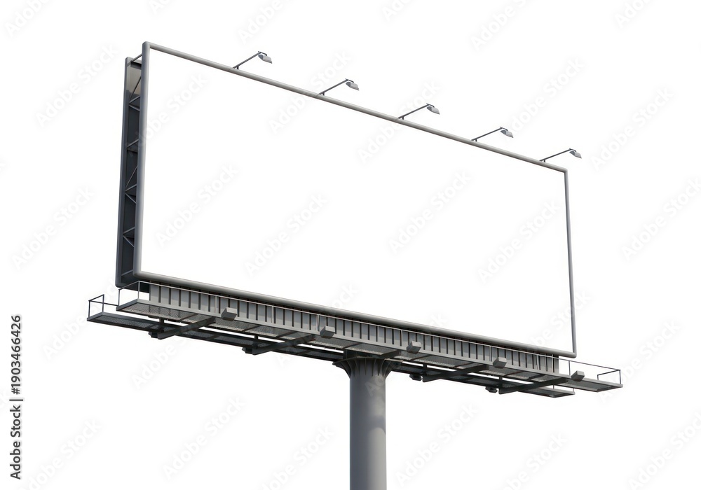 Obraz premium Large Outdoor Rectangular Billboard Structure with Empty White Display Area and Metal Frame Mounted on a Tall Pole Showing Warning Lights Against an Isolated White Background