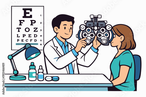 optometrist performing eye examination with phoropter and chart