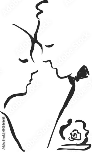 Silhouette of a romantic wedding couple kissing
