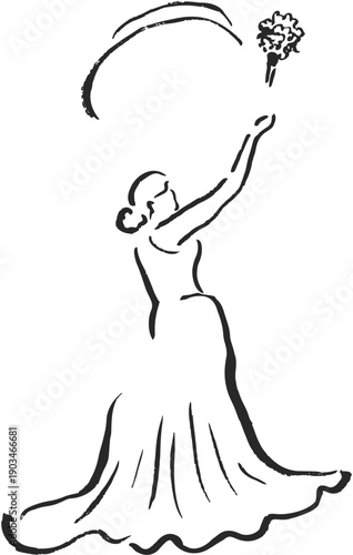 Hand drawn bride throwing a wedding bouquet