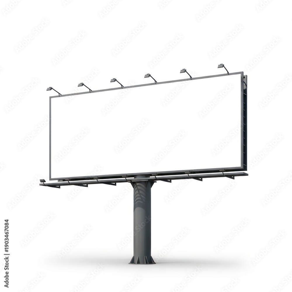 Fototapeta premium Large Rectangular Billboard Sign with Multiple Spotlights and a Sturdy Gray Pole Support Structure Isolated White Background