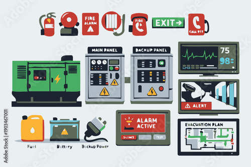 emergency systems and backup power with fire safety icons