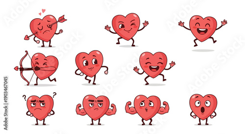 A collection of cartoon hearts with faces expressing various emotions and holding items.