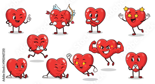 A group of red birds with hearts on their bodies standing in a row.