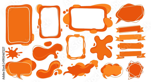 Abstract organic rectangle shapes set. Frame boxes and blobs set. Orange fluid banners set. Amoeba design elements. Freeform hand-drawn splashes. Abstract geometric speech bubbles