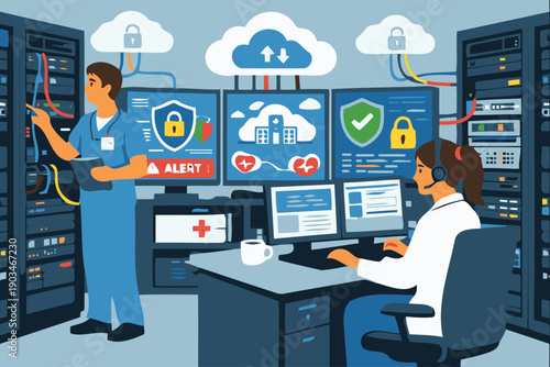 healthcare data center with technicians monitoring security