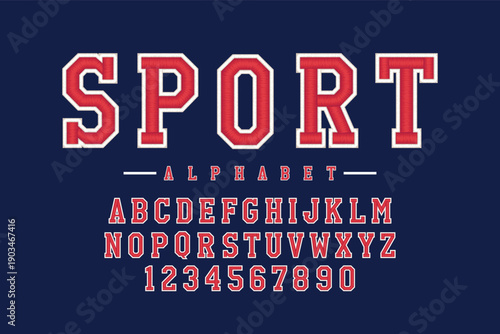 Sport classic college font. Vintage sport serif font in american style for football, soccer, baseball and basketball. Alphabet and numbers with outline in varsity style
