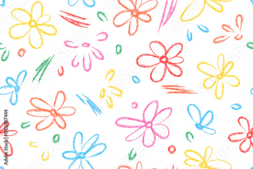 Seamless pattern with colorful hand drawn flowers and doodle elements. Naive childlike floral illustration with bright crayon style lines on white background. Playful summer design for kids textiles