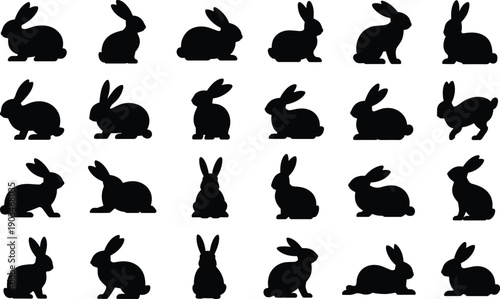 Set of black rabbit silhouettes, bunny shapes collection, cute animal icons, pet rabbit vector art, wildlife design elements, Easter bunny symbols