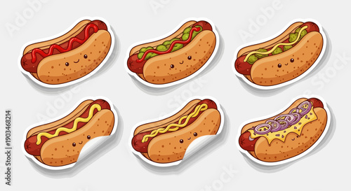 Hot dog illustration. Hotdog sticker. Fast food color doodle sticker. Hotdog with mustard in retro comics style. Vector hand drawn illustration of hot dog isolated on white. Sausage in bun