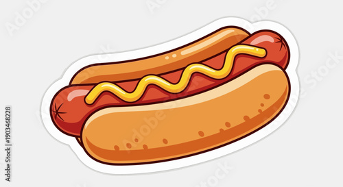 Hot dog illustration. Hotdog sticker. Fast food color doodle sticker. Hotdog with mustard in retro comics style. Vector hand drawn illustration of hot dog isolated on white. Sausage in bun