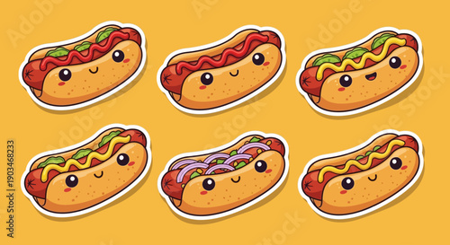 Hot dog illustration. Hotdog sticker. Fast food color doodle sticker. Hotdog with mustard in retro comics style. Vector hand drawn illustration of hot dog isolated on white. Sausage in bun