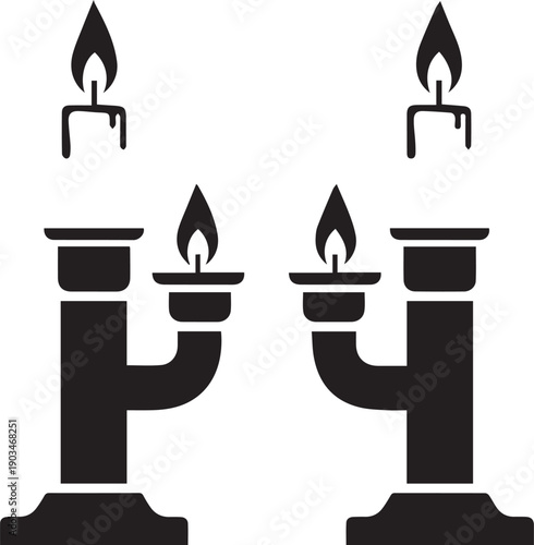 Candlesticks with lit candles silhouette vector illustration on checkered background