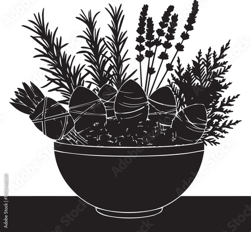 Easter bowl decoration vector illustration with eggs and aromatic herbs arrangement on tabletop view