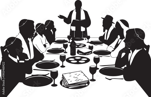 Jewish passover seder vector illustration with family and rabbi at holiday table
