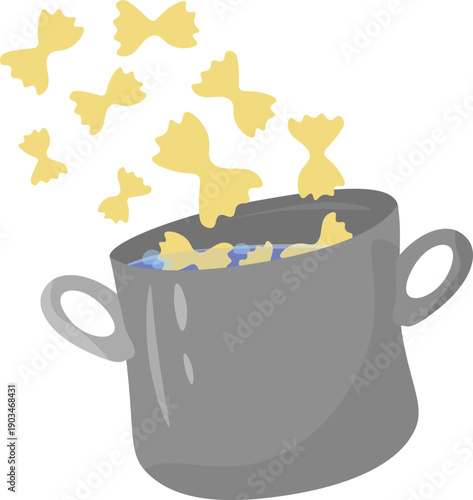 Dynamic flat vector illustration of farfalle bowtie pasta falling into a grey boiling pot. Isolated clip art for Italian restaurant menus, recipe blogs, and cooking tutorials.