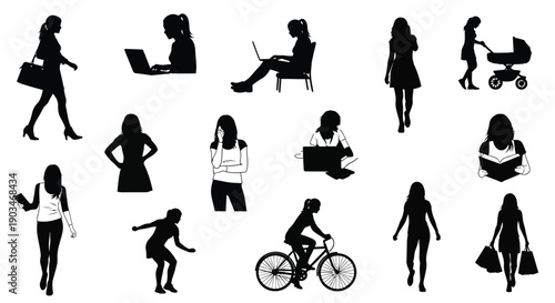 Collection of women in various daily activities and poses in black silhouette on white background
