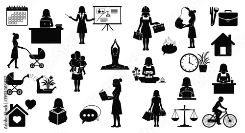 Black silhouettes of women in various daily activities and occupations on white background for business and personal use