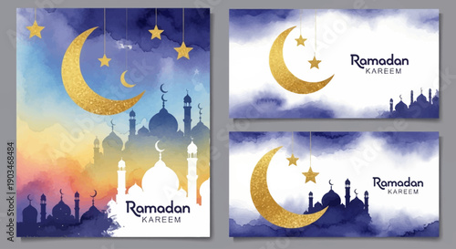 Set of Islamic greeting card designs for the holy month of Ramadan, with golden textured crescent, stars and mosque dome in artistic modern style with watercolor texture, vector illustration