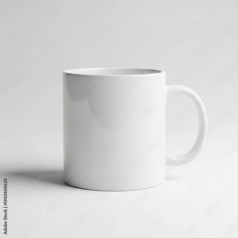 Fototapeta premium Plain White Ceramic Mug With A Handle Sitting On A White Surface With Subtle Shadows Isolated White Background
