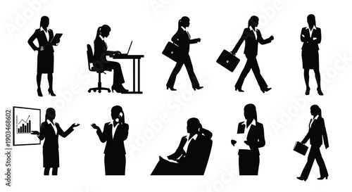 Business professionals engaged in various office activities silhouettes