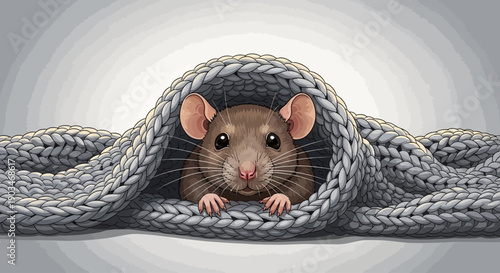 Small brown rat nestled in a thick, grey knitted blanket, only its curious face and front paws visible. Cozy, textured wool, clear detail, soft studio lighting, animal portrait theme, copy space